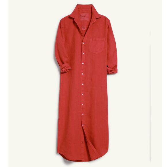 Frank & Eileen Rory Maxi Shirtdress Washed Italian Linen Summer Red Size Large - Picture 3 of 14